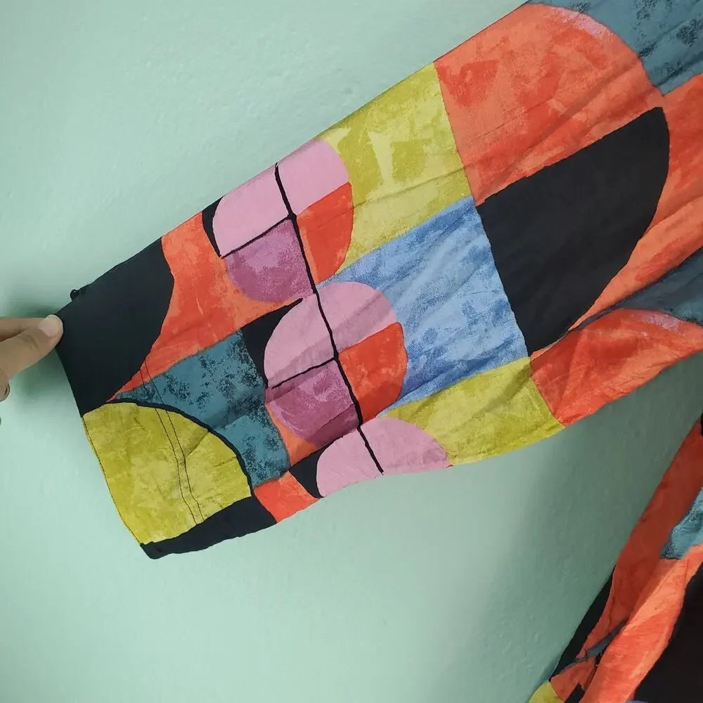 John Mark Artsy Boho LS Button Tunic Top Colorful Abstract Blouse Lagenlook 2X